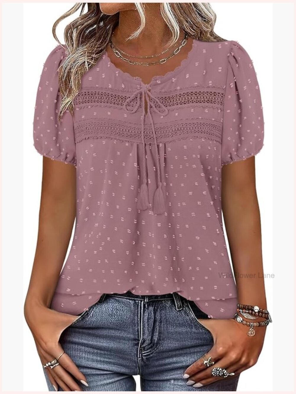 Boho Short Sleeve Flowy Blouse Swiss Dot Loose Fit Dressy Casual Top